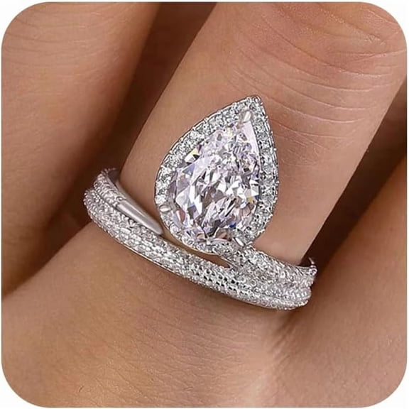 Fashion CZ Shiny Full Diamond Pear Shaped Water Teardrop Halo Ring 925 Sterling Silver Plated Cubic Zirconia Promise Bridal Band 18K White Gold Plated Moissanite Wedding Promise Engagement Ring (7)