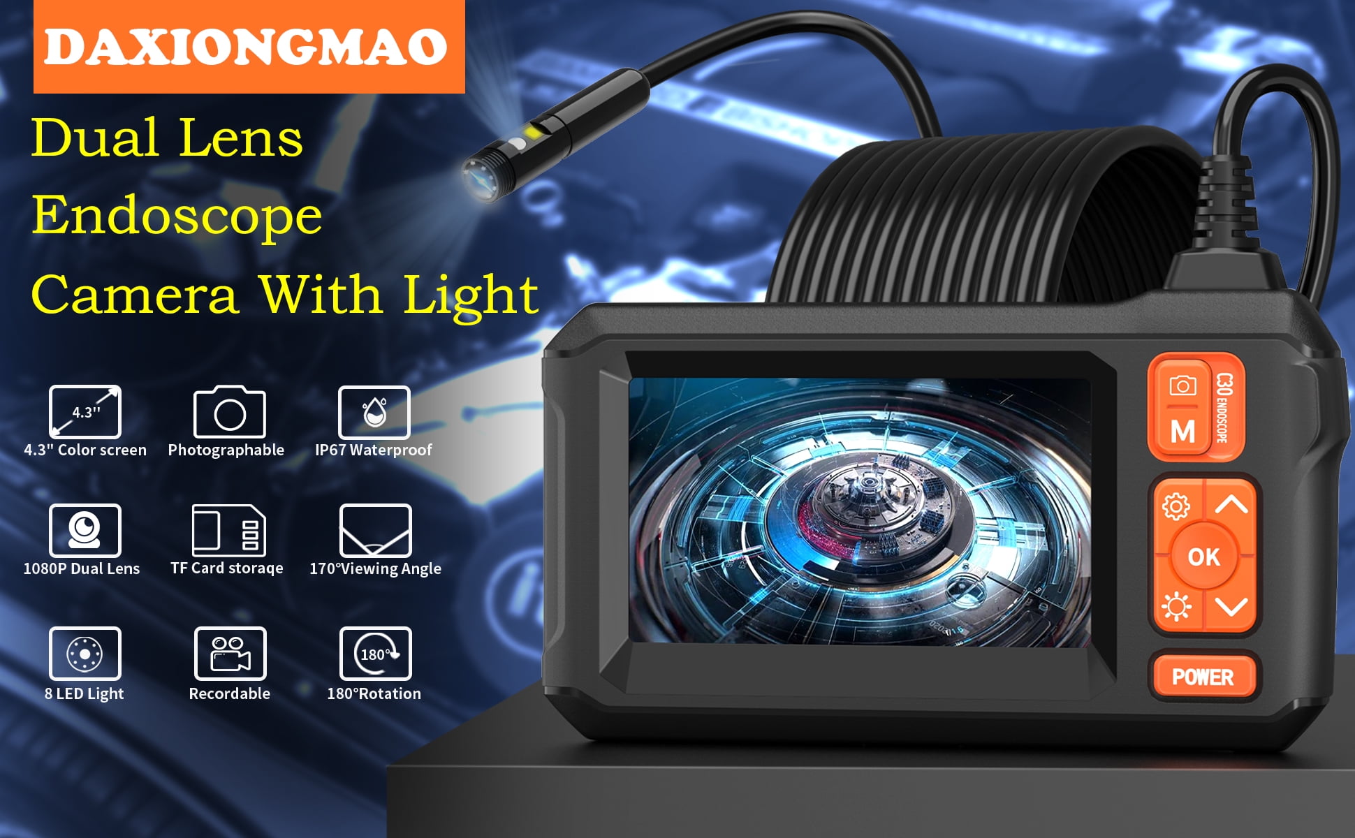 Daxiongmao IP67 Waterproof 16.5ft Endoscope Camera with Light, 1080P HD Dual Lens Borescope with 32G Storage Card, Borescope Camera with Light, Gadgets for Men(4.3")
