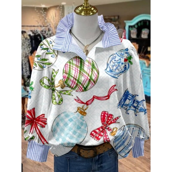 Watercolor Print Striped Ruffle Collar & Cuffs Long Sleeve, Blouse & Top (Women's)