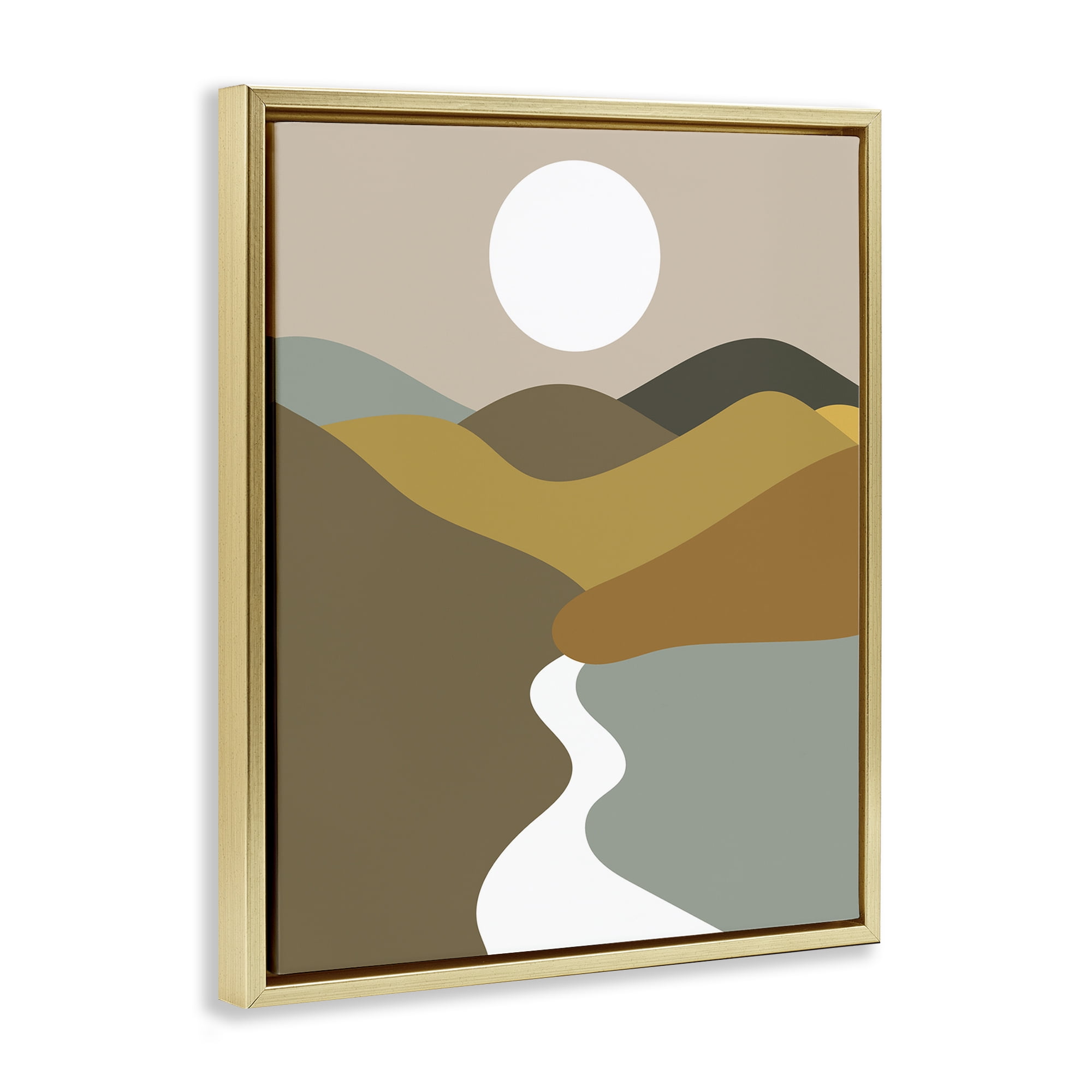 Stupell Industries River Towards Mountains Landscape Painting Gold Floater Framed Art Print Wall Art, 25 x 31