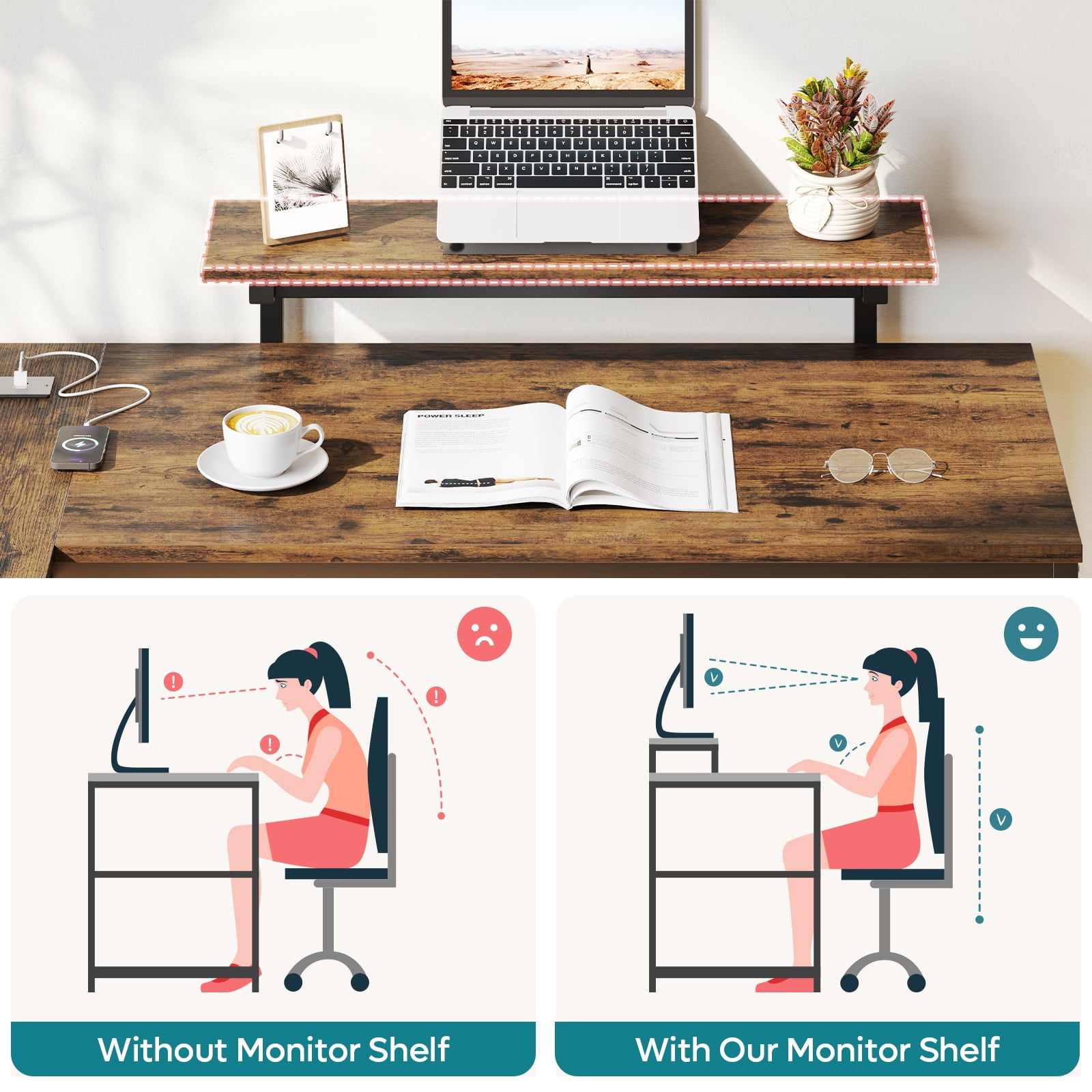 Bestier 58" Computer Desk with LED Lights L Shaped Corner Desk with Power Outlet & Monitor Stand Home Office Desk, Rustic