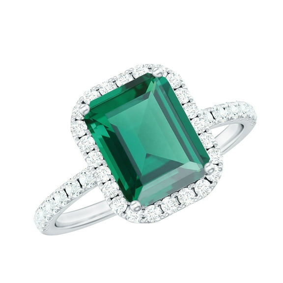 Rosec Jewels Lab Grown Emerald Engagement Ring with Halo - Emerald Cut Emerald Ring with Diamond (AAAA Quality Certified), 925 Sterling Silver, US 4.00