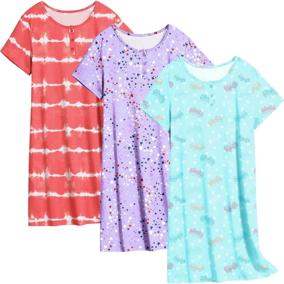 Ekouaer 3 Pack Nightgowns for Women Sleepwear Short Sleeves Sleep Shirts Button Down Nightshirt Sleep Dress