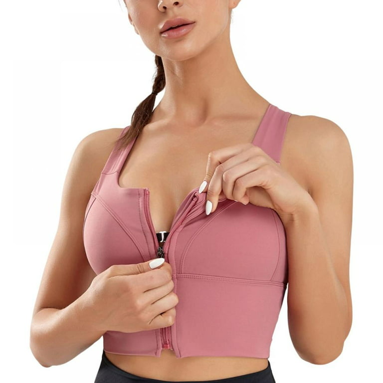 Zipper in Front Sports Bra High Impact Strappy Back Support - Running Gather  Yoga Training Shockproof Plus Size Wide Shoulder Strap Bra S-5XL 
