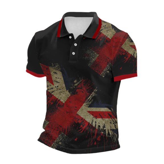 XIAOCHA Mens Union Jack Print Polo Shirt Slim Short Sleeve Collar Tee Retro Sports Golf Top