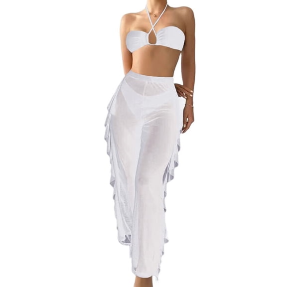 Women'S 3 Piece Swimsuit Shoulder High Waisted Bikini Set Bathing Suit with Cover Up Pants White XXL