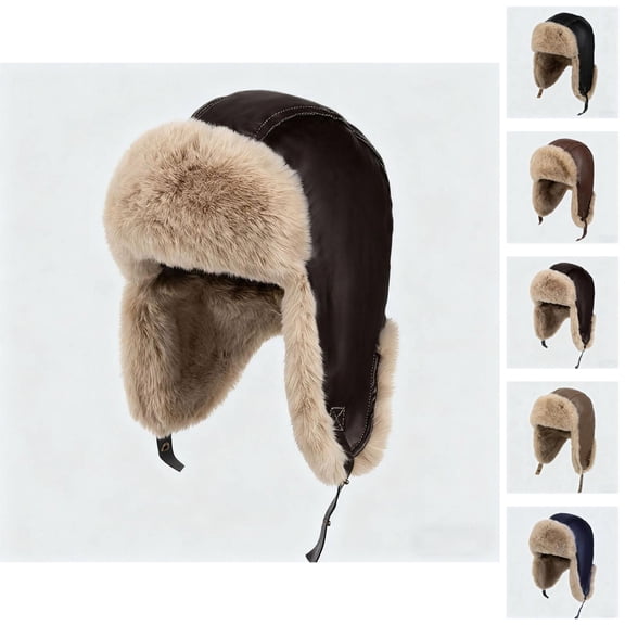 Aviator Hat with Ear Flaps Winter Cap, PU Leather Windproof Lined Motorcycle Skiing Cap for Men Women, Vintage Trooper Hat for Outdoor Cold Weather