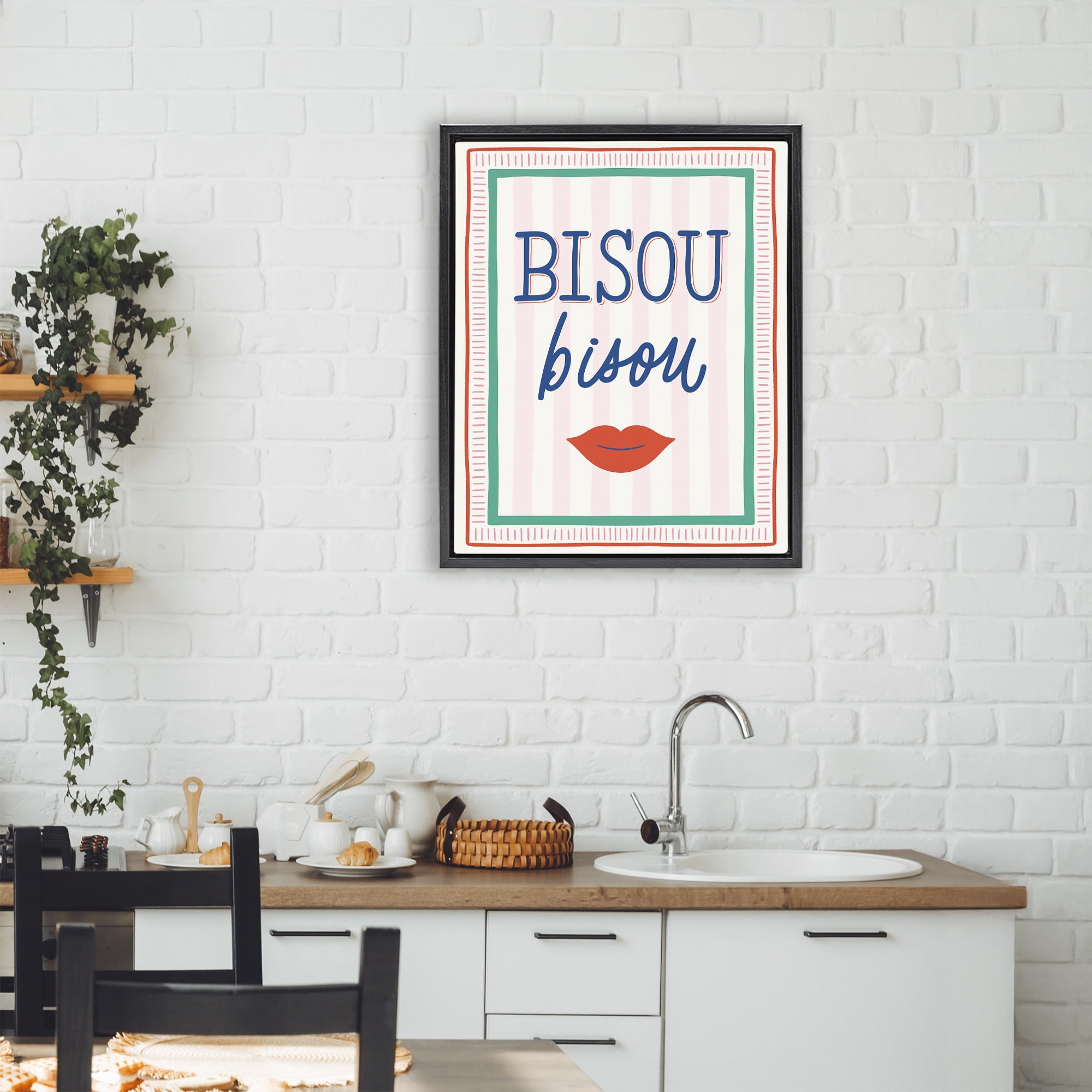Stupell Industries Bisou Kiss over Stripes Black Framed Floater Canvas Wall Art, design by Jalynn Heerdt
