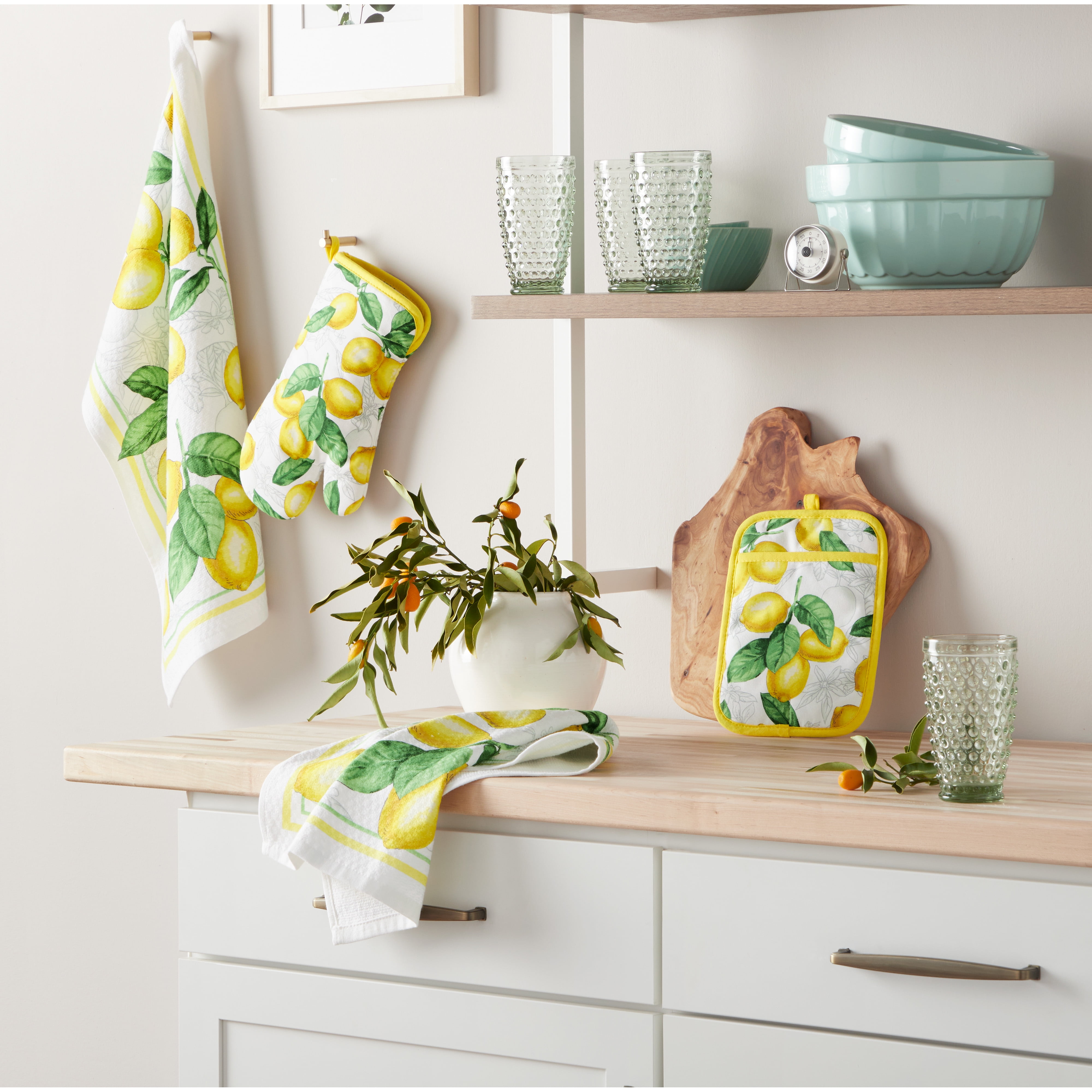 Martha Stewart Lots of Lemons Modern Kitchen Towel, Oven Mitt & Potholder Set 4-Pack, White-Yellow, 2KT: 16"x28", OM: 7"x13", PH: 7"x10"