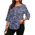 thumbnail image 4 of WellSize 3/4 Sleeve Plus Size Womens Blouses Casual Floral Pleats Tops Summer Crewneck Shirts Tunic Curved Hem Blouses, 4 of 8