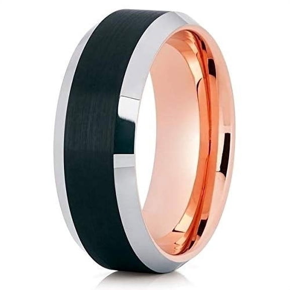 Silly Kings Jewelry Rose Gold Tungsten Wedding Band - Beveled Edges - Black Tungsten Ring (10)