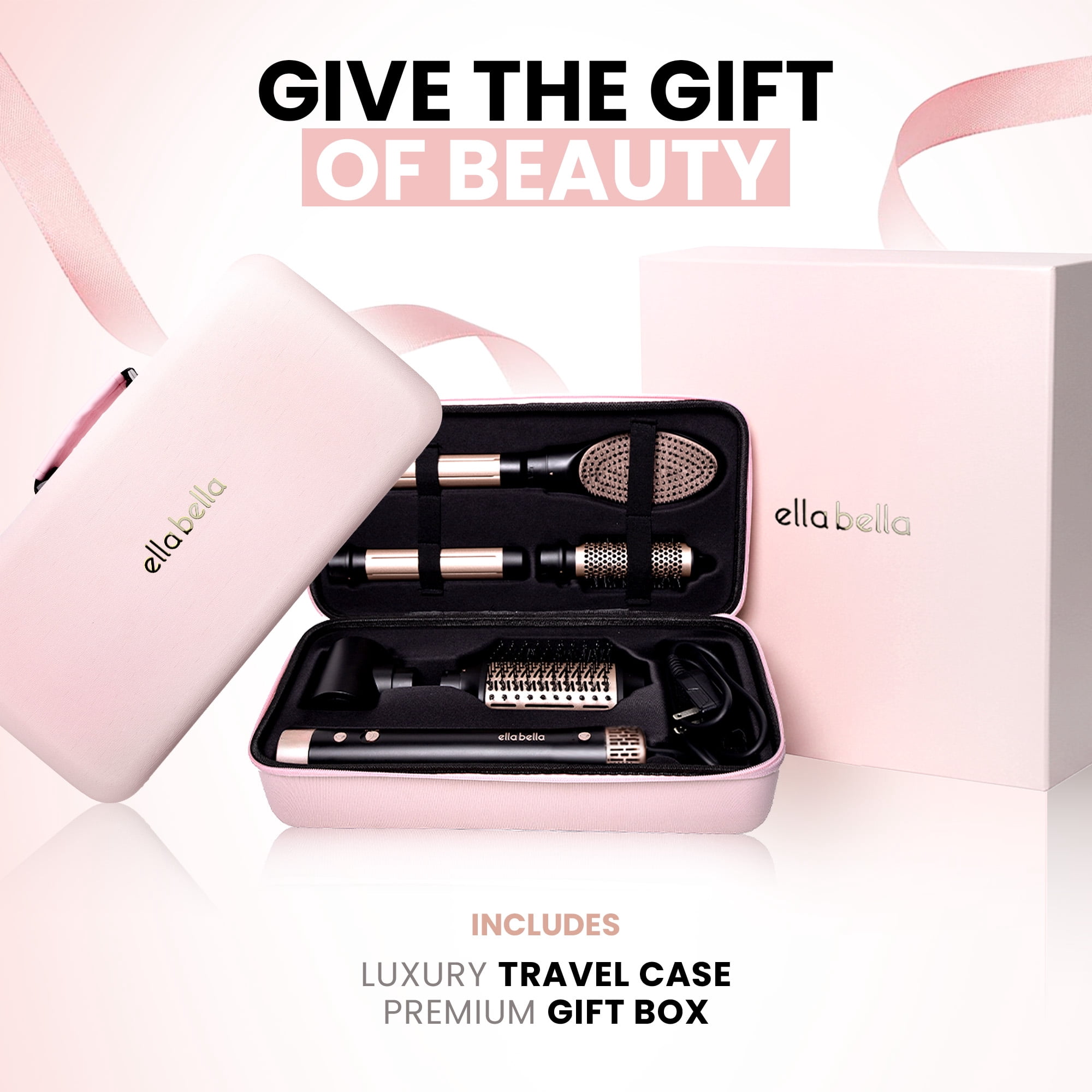 ELLA BELLA® 6 in 1 Professional Hot Air Styler • Powerful Hair Dryer & Straightener Set • Fast Drying Curling Volumizing Straightening Styling • Includes Protective Travel Case (Black & Rose Gold)