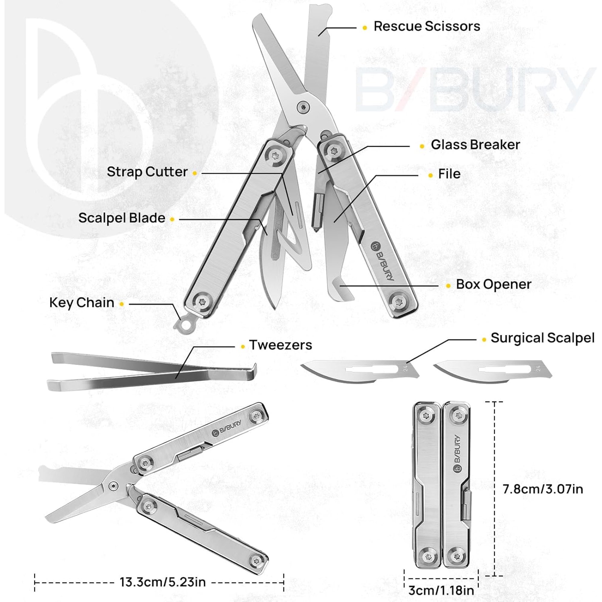 LABAKUI-Mini Multitool BI2052A 8 in 1 Keychain EDC Scissors w/Window Breaker Seat Belt Cutter Bottle Opener for Outdoor Survival Multi Tool Cool Gadget TSA Approved Gift for Men Women