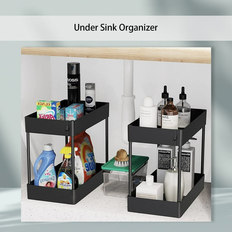 Dyiom 2 Tier Under Sink Storage Organizer, Bathroom Standing Rack, Bath Collection Baskets with Hooks, Shower Caddy in BLACK.