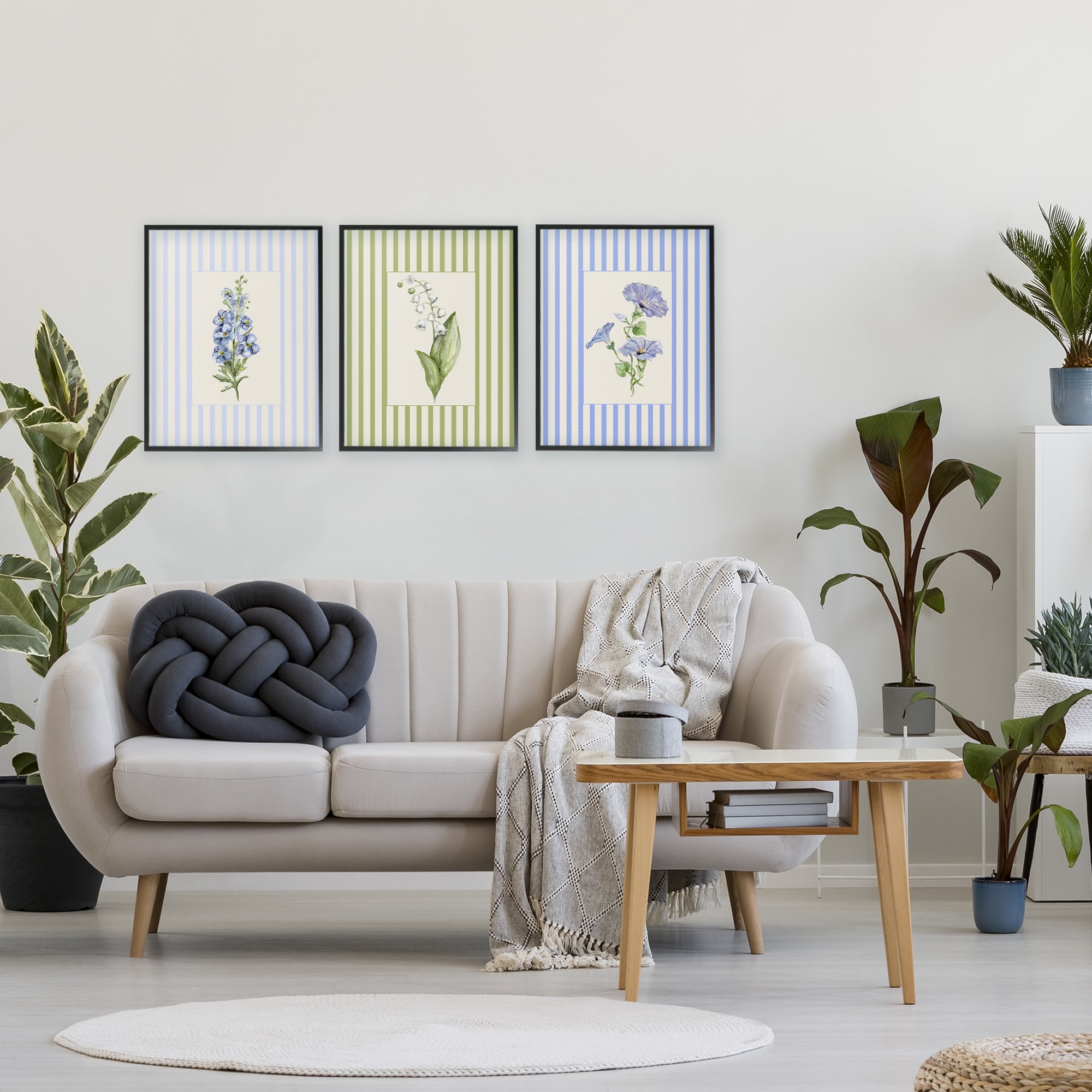 Soft Stripe Cottage Blooms 3 Piece Black Framed Giclee Art Set, design by Lisa Wehmeyer