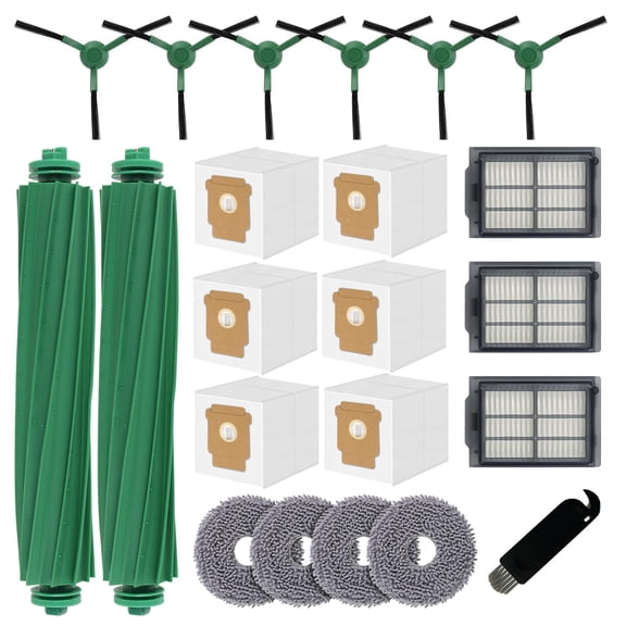 Replacement Parts for iRobot Roomba Plus 405 (G181/G185) Combo, Plus 505/507 Combo Robot Vacuum Cleaner Accessories, 2 Roller Brushes, 3 Filters, 4 Mop Pads, 6 Side Brushes, 6 Vacuum Bags