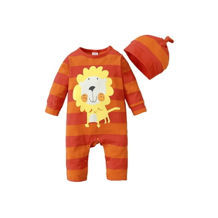 

Binpure Baby Boys Jumpsuit Set Long Sleeve Crew Neck Stripes Cartoon Lion Print Romper with Hat