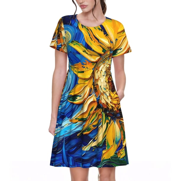 Disketp vintage Starry Sunflower para Vestido de Manga Corta para Mujeres, Vestidos de Verano para Mujeres, Casual y Holgado para la Playa