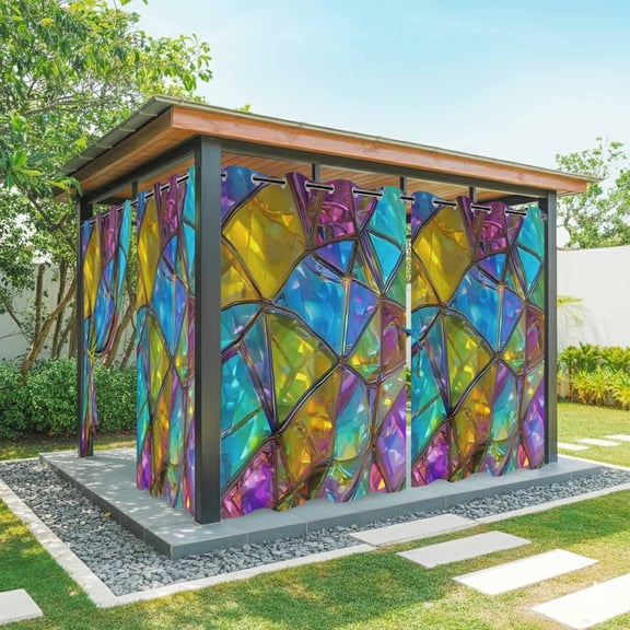 Abstract Geometric Outdoor Curtains for Patio, Rainbow Gradient Crystal Color Blocks Modern Waterproof Outside Curtains Privacy Blackout Curtain for Porch Pergola Cabana, 2 Panel 54W x 95L Inch