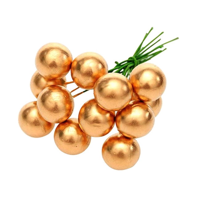 50PCS Small Artificial Fruit Berries with Stem Fake Flowers Cherry Stamens DIY Craft Accessory (Gold)