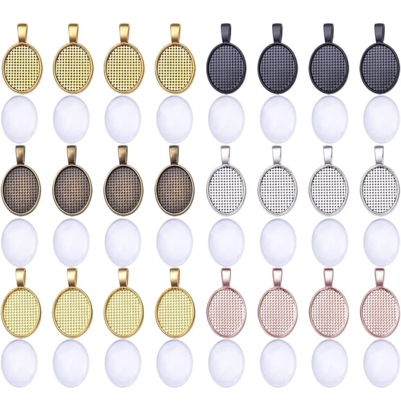 48pcs Bezel Pendant Blanks Set,  24pcs Glass Cabochons Clear Dome Tiles  with 24pcs 6 Colors Oval Pendant Trays Bezel Blanks for DIY Bracelet Necklace Jewelry Crafts Making