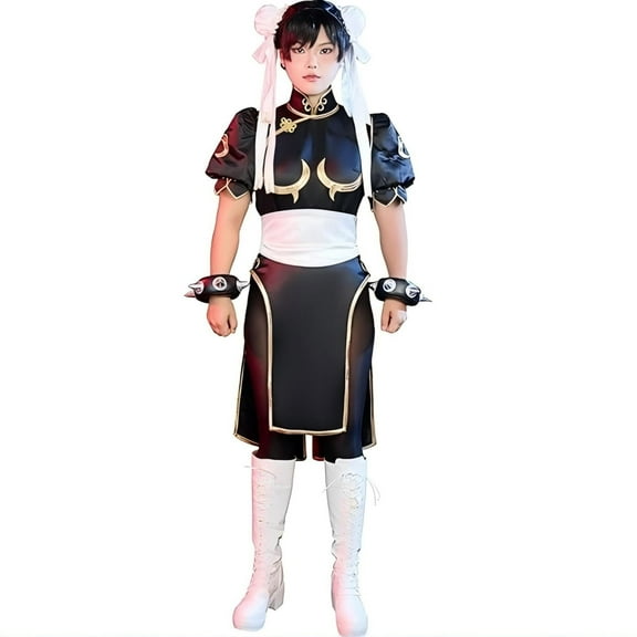 [Officially Licensed] Street Fighter Black Classic Chun Li Costume with Golden Embroidery for Halloween, M