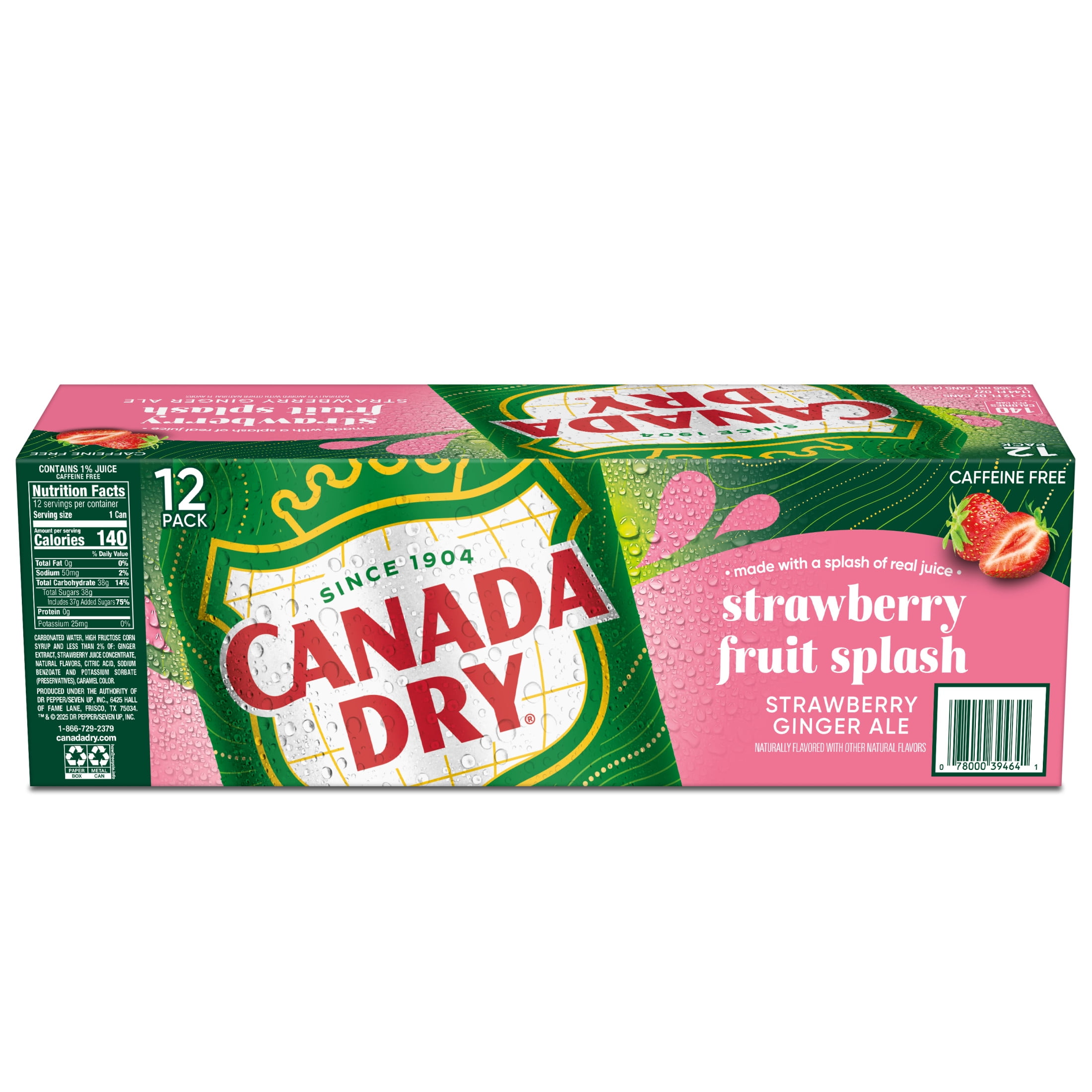 Canada Dry Caffeine Free Fruit Splash Strawberry Ginger Ale Soda Pop, 12 fl oz, 12 Pack Cans