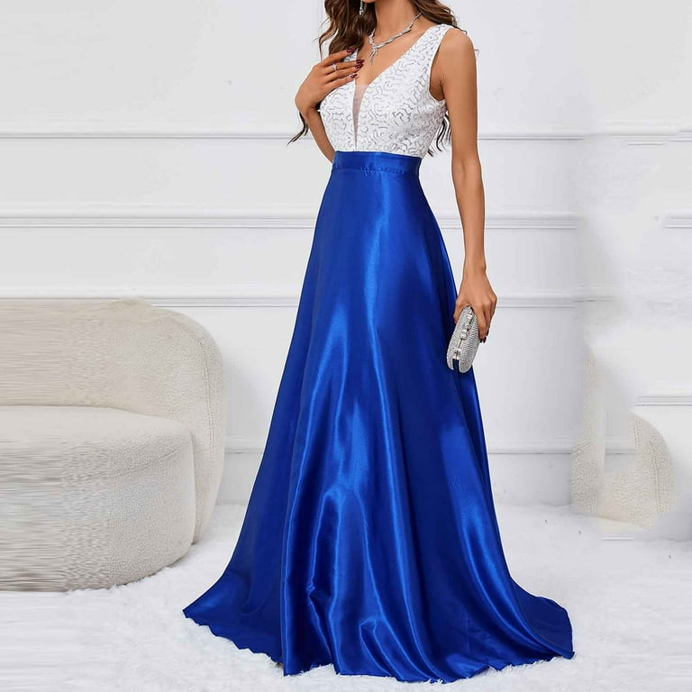 Cavosen Long Dresses for Women Formal Blue Elegant Sleeveless A-Line Party  Dress V-Neck Color Block Floor Length Maxi Dress Flowy Bodycon Wrap Wedding  Guest Dress Evening Prom