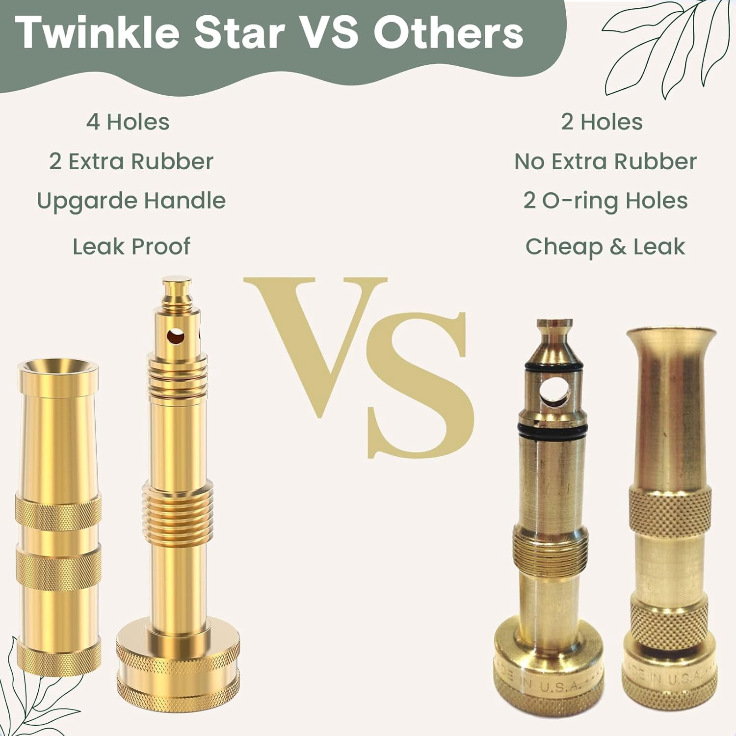 Heavy-Duty Brass Adjustable Twist Hose Nozzle, High Pressure Hose Nozzle with On-Off Valve, Leakproof Operation 3/4" GHT Connector 3 Pack
