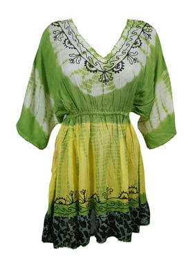 Mogul Womens Tie Dye Coverup Dress Floral Embroidered Rayon Hippy Chic Beach Cover Up