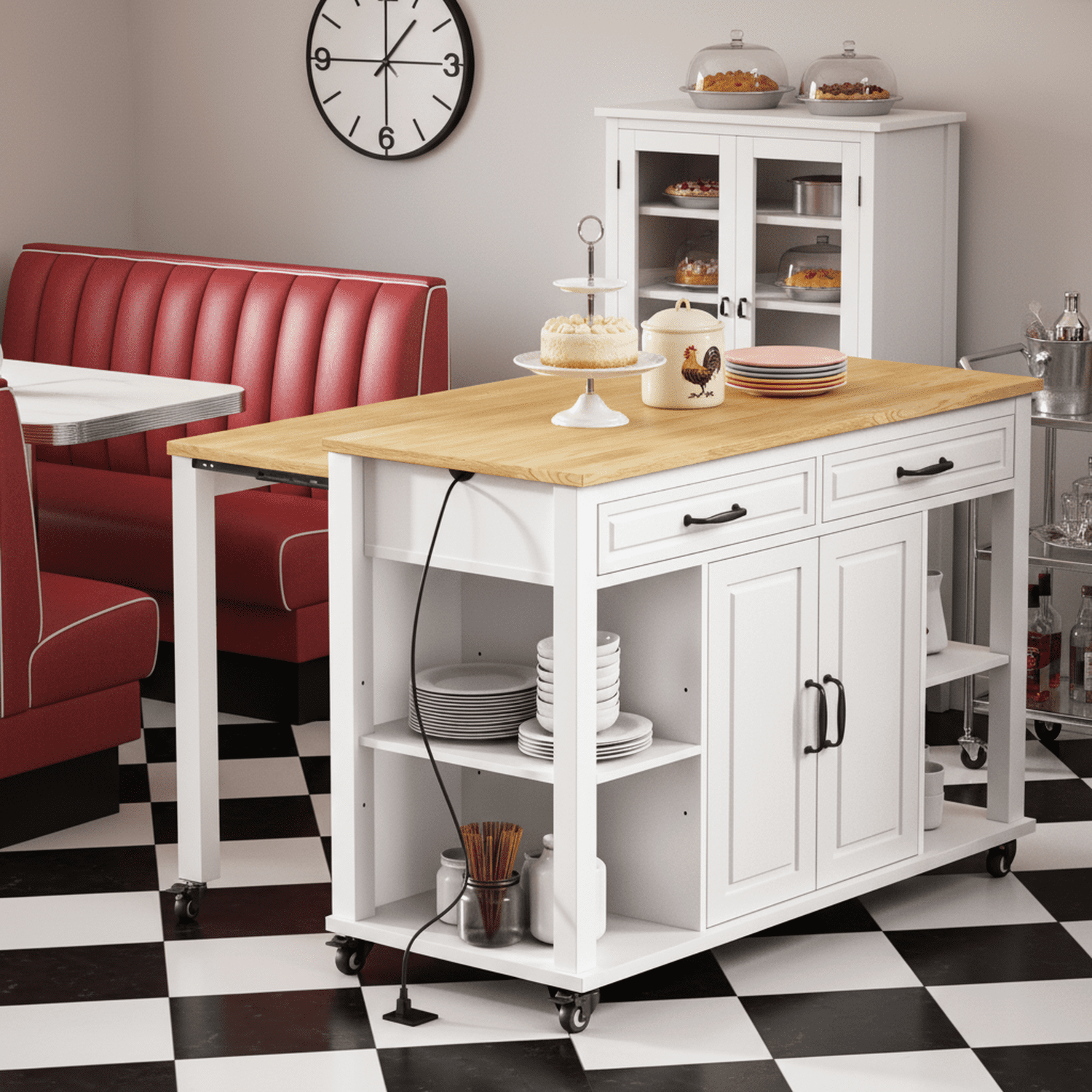 Homy Casa Kitchen Serving Cart with Extendable Table, Drawers, Power Outlet, for Dining Room, White