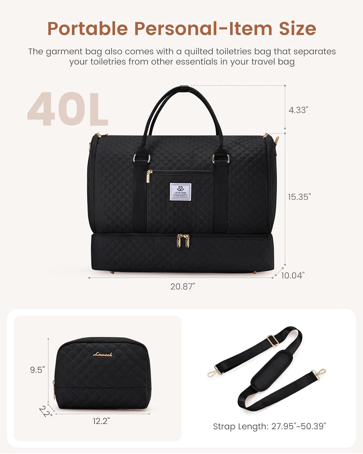 LOVEVOOK Convertible Garment Bag for Women with Shoe Pouch, Carry On Travel Duffel Bag with Toiletry Bag, 2 in 1 Hanging Suitcase Suit Bag, Waterproof Weekender Bag for Business Trip, Wedding, Black
