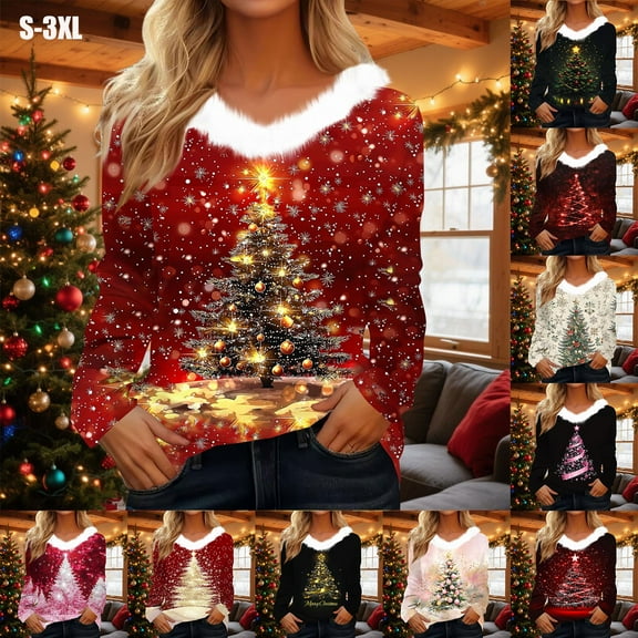 Elvqul Womens Christmas Shirts Tops Ugly Fleece V-Neck Casual Long Sleeve Shirts for Women