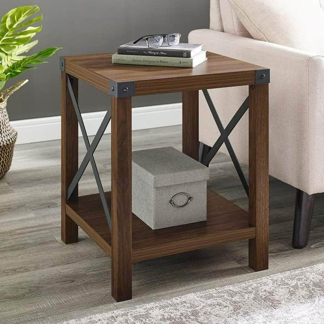 Walker Edison Table d'Appoint en Métal X Bois Rustique - Disponible en 4 Couleurs