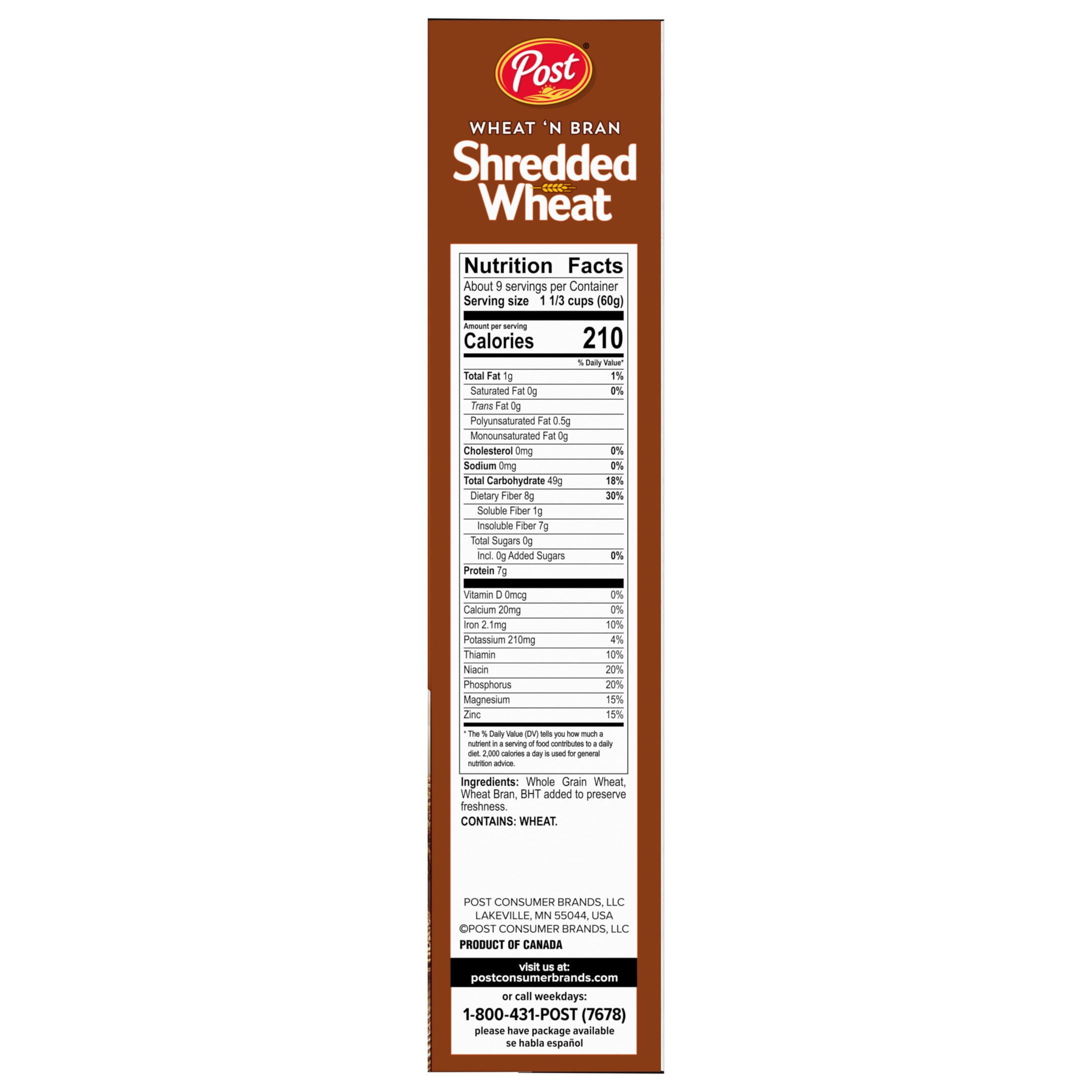(8 pack) Post Wheat n Bran Shredded Wheat, High Fiber Breakfast Cereal, Certified Kosher, Crunchy 18 oz Box