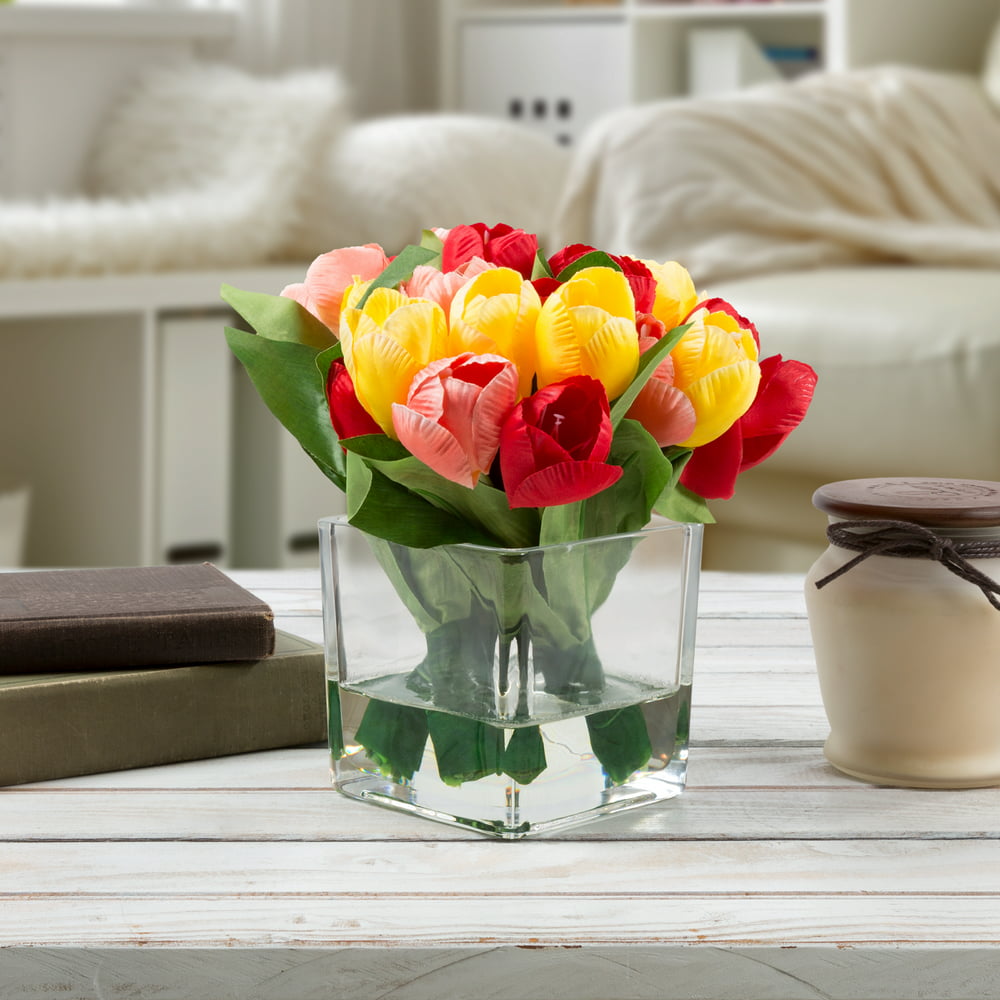 Multicolor Tulip Artificial Floral Arrangement with Vase and Faux Water