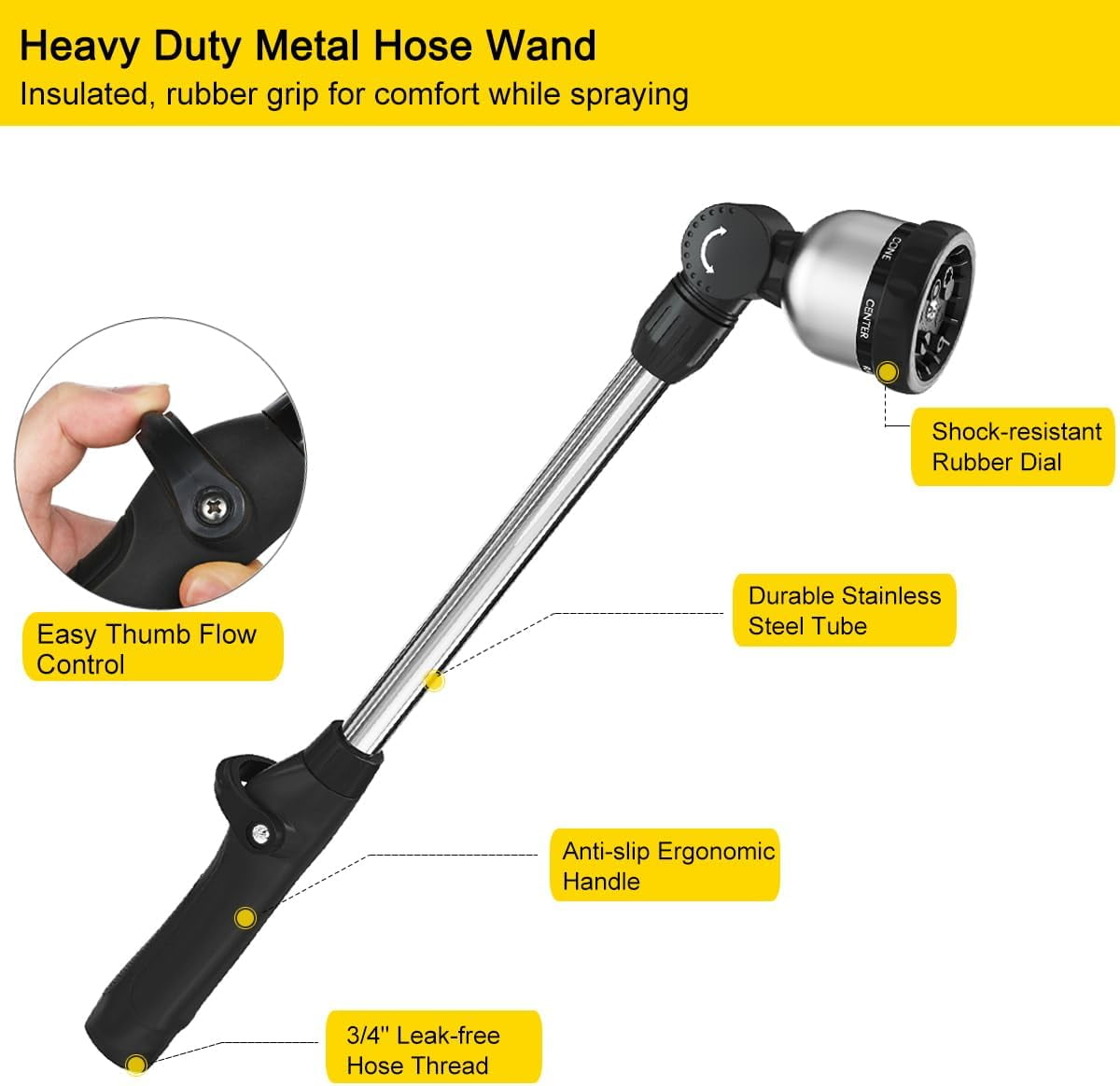 FANHAO Garden Hose Wand 16 inches, Metal Watering Wand with 8 Spray Patterns, 180° Rotating Nozzle