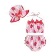 Qtinghua 3Pcs Infant Toddler Baby Girls Swimsuit Strawberry/Mermaid Print Bikini Set Bathing Suit Beach Wear Pink 2-3 Years