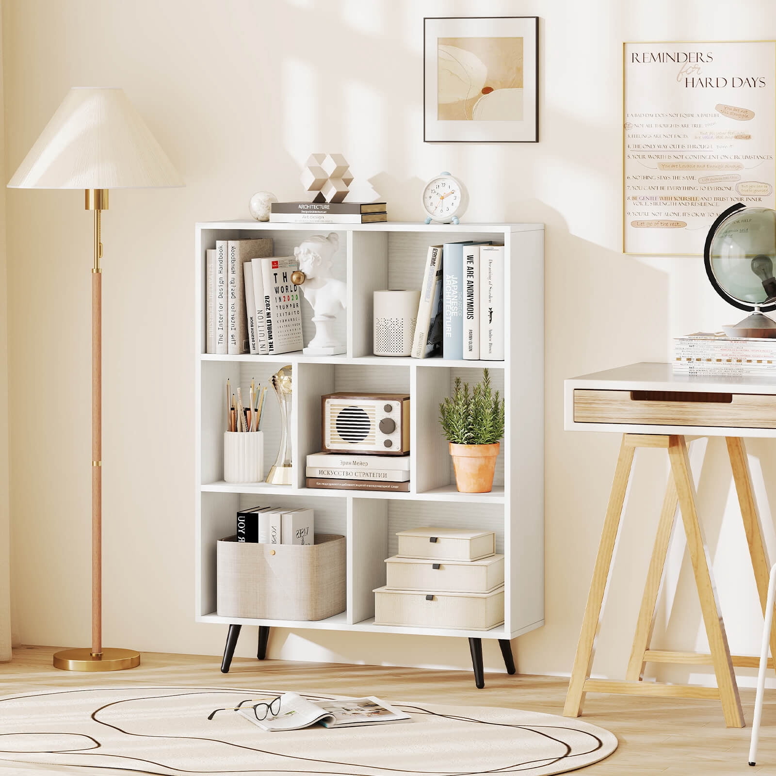Costway 7 Cube Bookcase 3-Tier Modern Storage Organizer with 4 Metal Legs Bookshelves