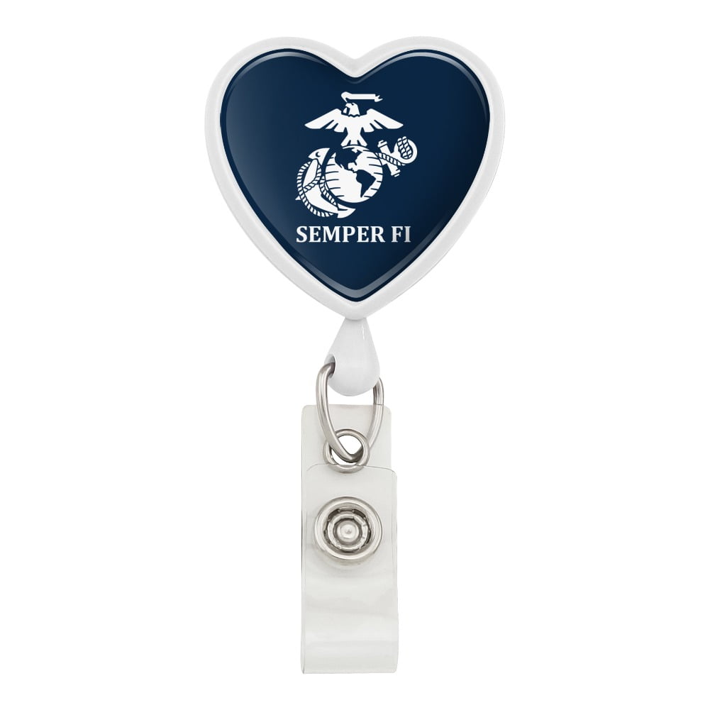 Marine Corps USMC Semper Fi Blue White Logo Officially Licensed Heart  Lanyard Retractable Reel Badge ID Card Holder 