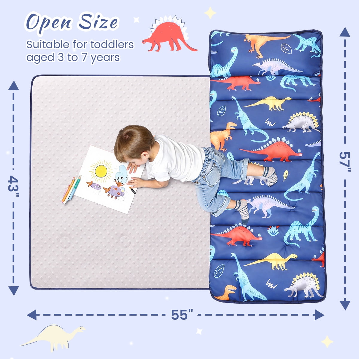Toddler Nap Mat, Caveen Sleeping Bag with Blanket and Removable Pillow, Portable Slumber Bags for Daycare and Travel, Easy to Roll, 55"x22", Blue
