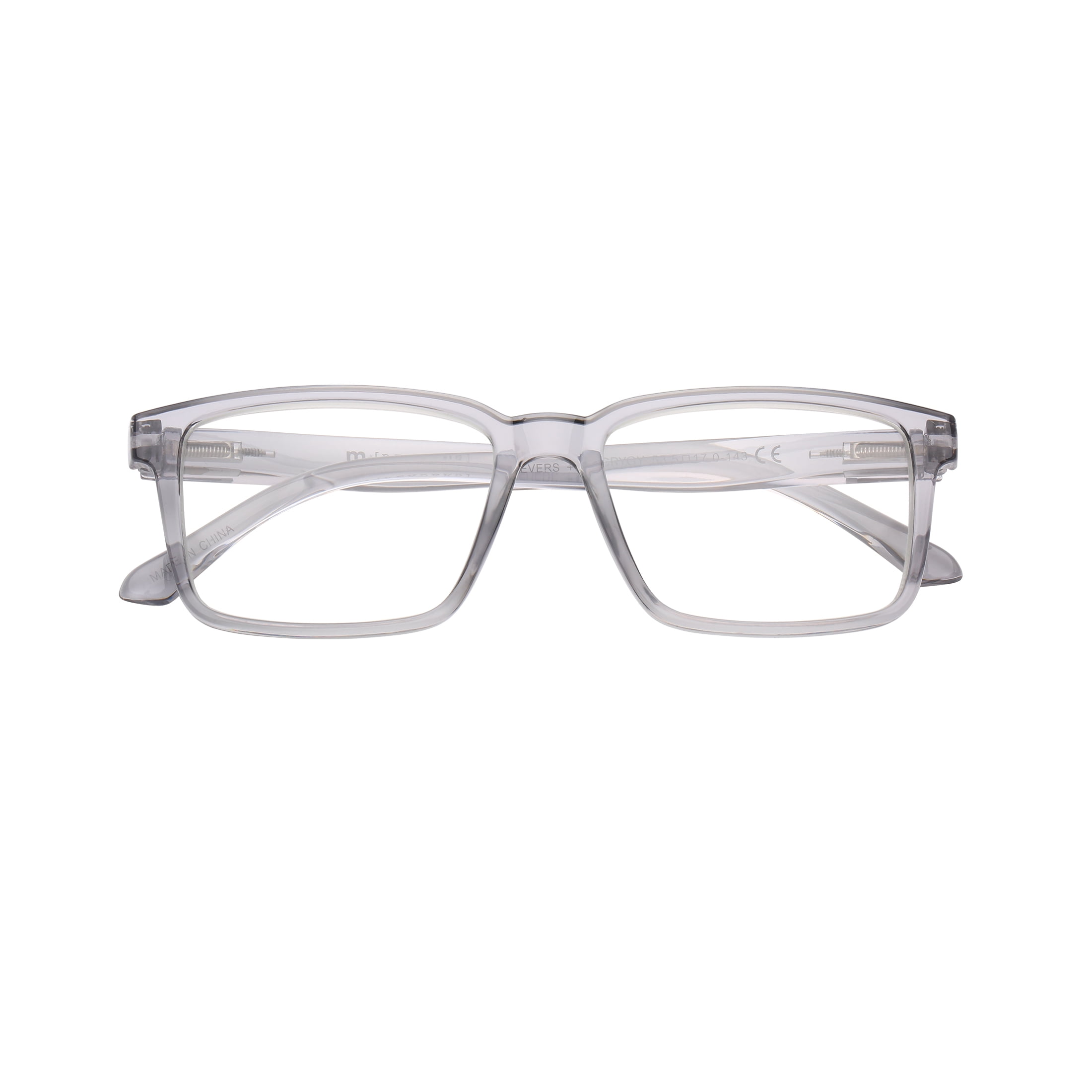 M+ Unisex Spring Hinge Plastic Reading Glasses Crygy 1.75 Evers in Crystal Grey with Pouch