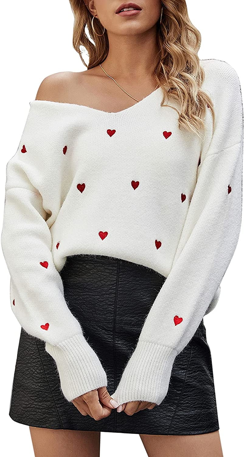 DK Womens Pullover Sweaters Long Sleeve Crewneck Cute Heart Knitted Sweaters O-Neck Heart Shape Pullover Top Blouse 