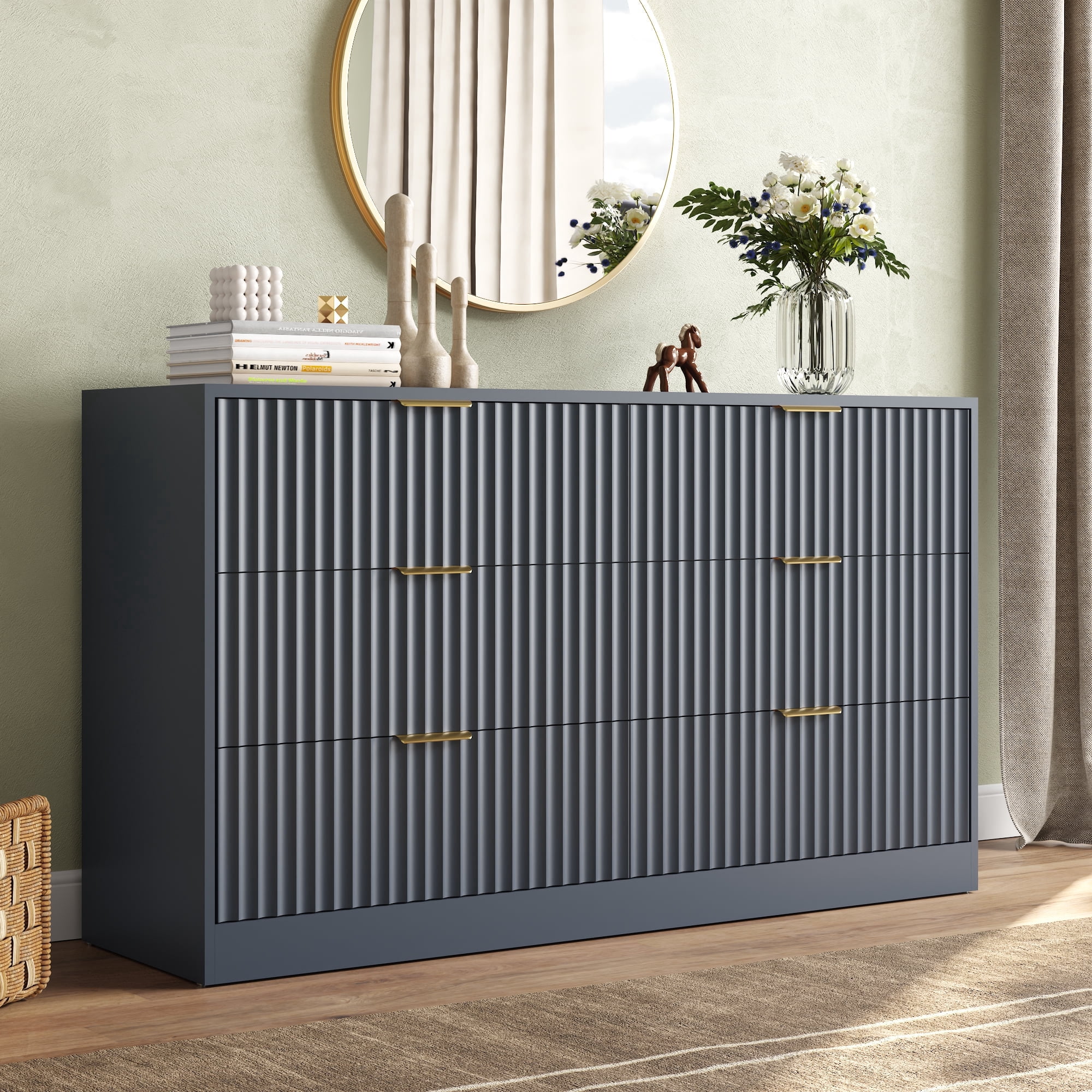 ASTUVIA 55.1" W Fluted 6 Drawer Dresser for Adult,Wooden Bedroom Dresser,Dresser TV Stand up to 65" for Living Room,Blue