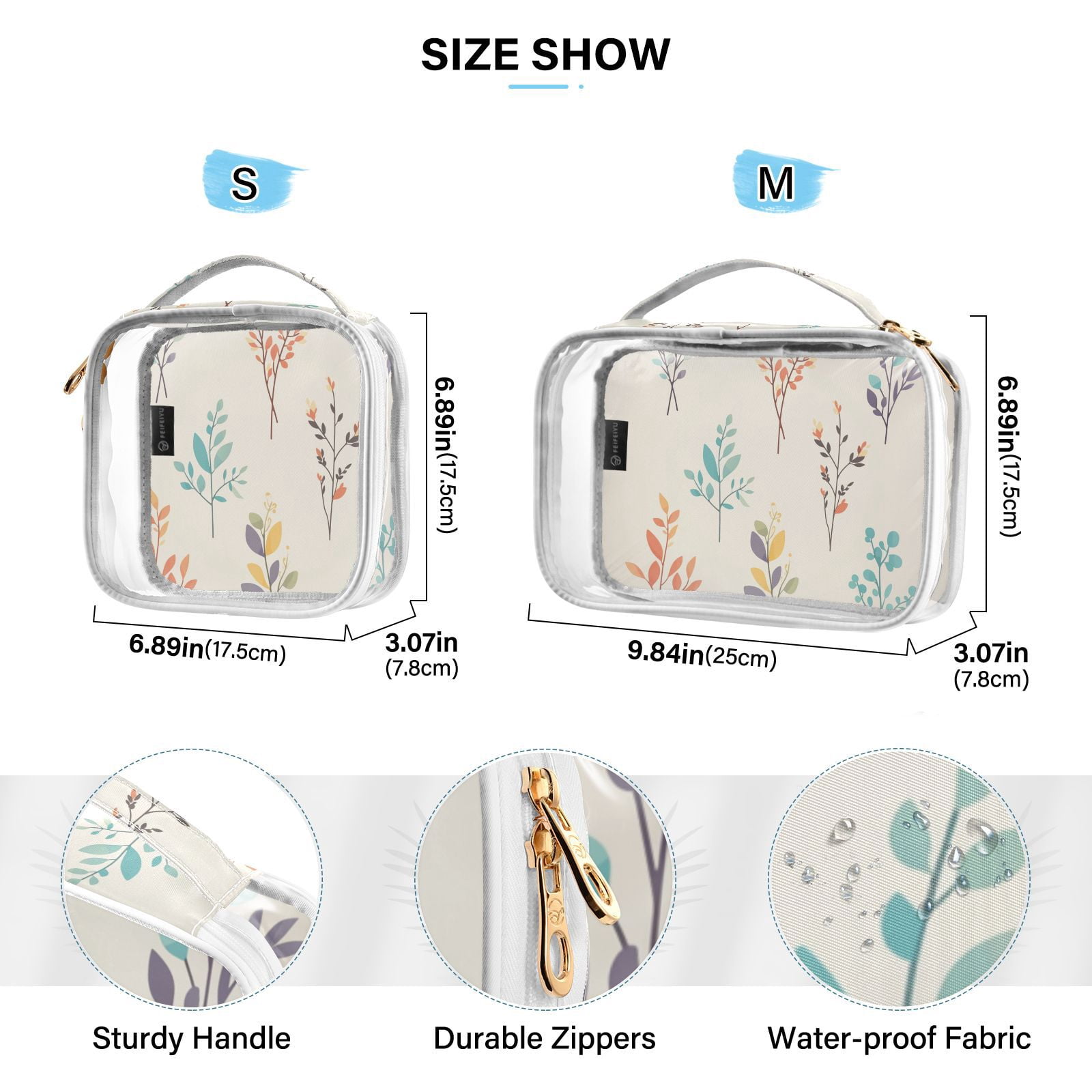Clear Makeup Bags with Handle Large Opening 2 Pack Set Toiletry Bag Quart Size Bag, for Women Man Traveling Travel Essentials, Toiletries and Other. Leafs Vibrant Illustration
