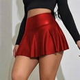 thumbnail image 5 of Women'S Pu Leather Elastic High Waist Skirts Ruffle Hem Casual Flared Skirt Shorts Wine Red S, 5 of 7
