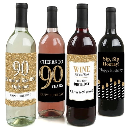 Big Dot of Happiness Adult 90th Birthday – Gold – Birthday Party Gift for Women and Men – Wine Bottle Label Stickers – Set of 4
