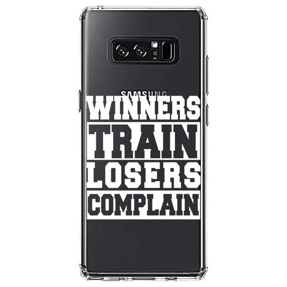 DistinctInk Clear Shockproof Hybrid Case for Samsung Galaxy Note 8 - TPU Bumper Acrylic Back Tempered Glass Screen Protector - Winners Train Losers Complain