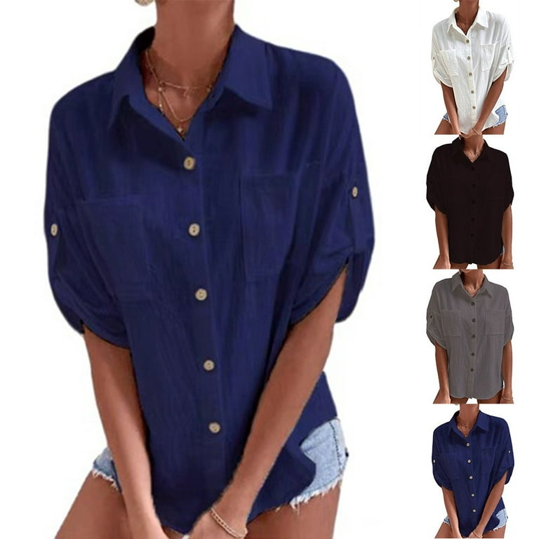 Women Cotton Linen Short Sleeve Shirt Ladies OL Work Solid Button-up Tops  Blouse 