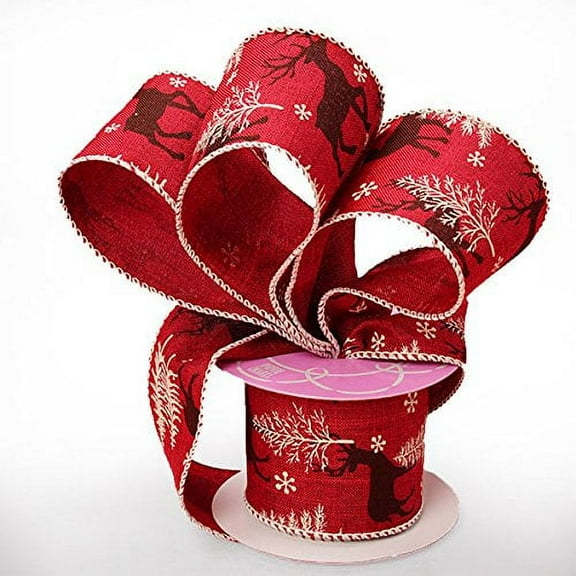 Holiday Wired Christmas Tree Ribbon - 2 1/2" x 10 Yards, Red Reindeer and White Christmas Trees, Garland, Gifts, Wrapping, Wreaths, Bows